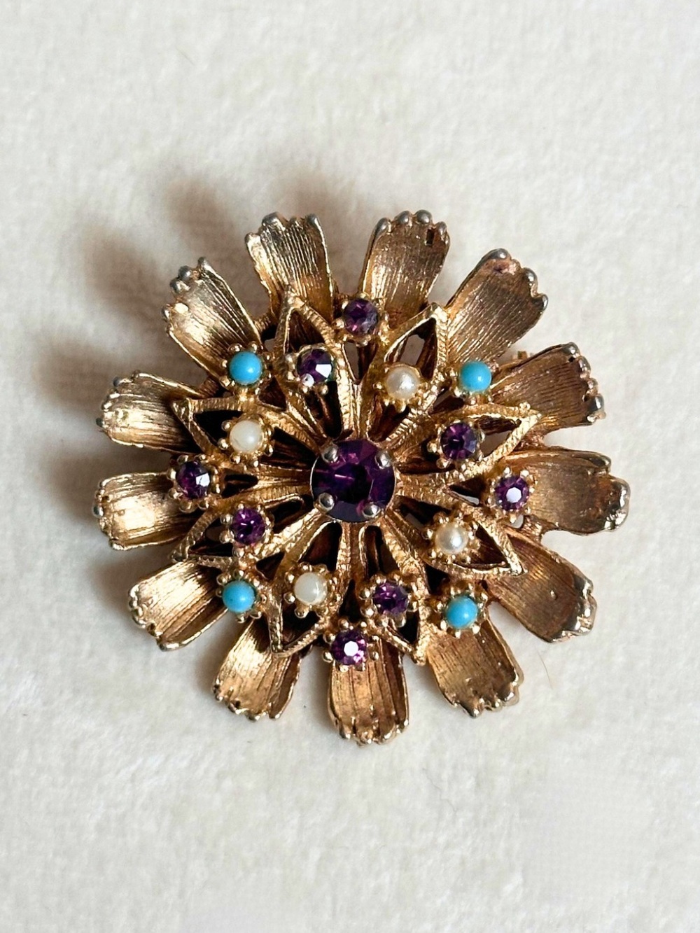 Tiered Floral Burst Brooch with Purple, Turquoise and Pearl stones Gold Toned